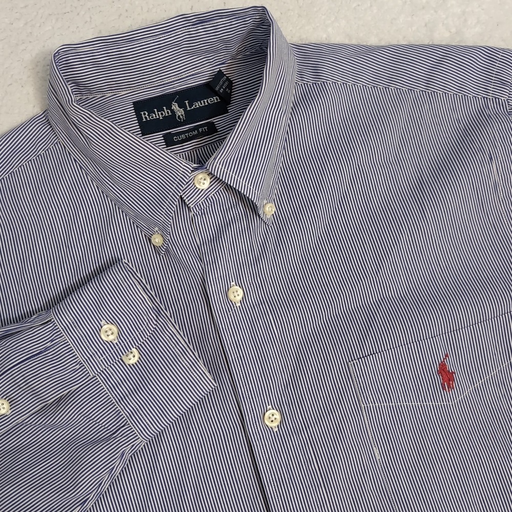 Ralph Lauren Custom Fit Button Down Blue White Stripe Mens L 16.5 Pocket Logo